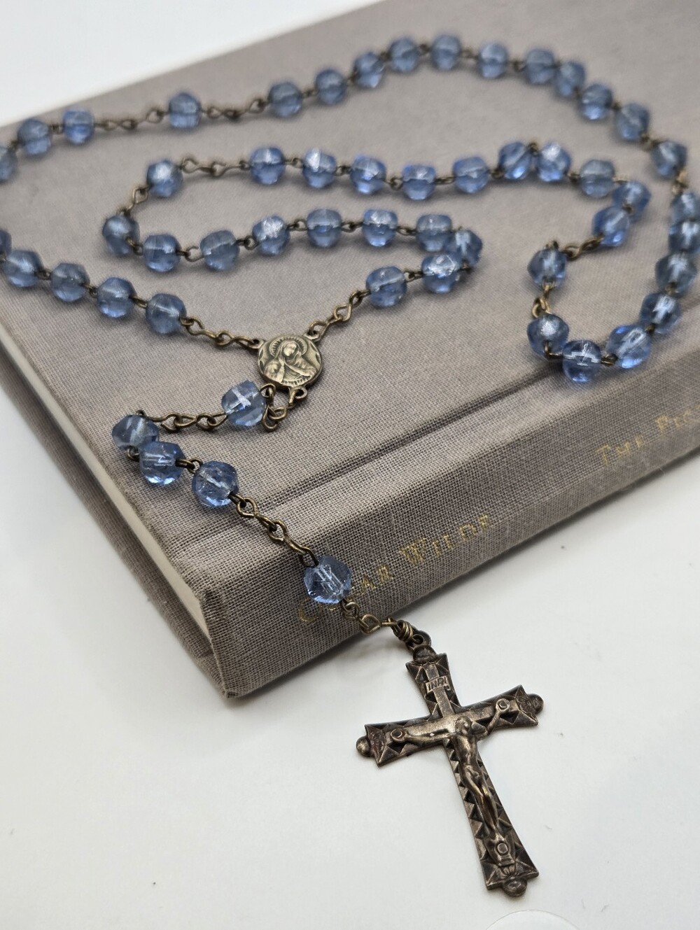 Vintage Rosary Necklace Y-drop Victorian Aesthetic Dark Silvertone Blue Beads